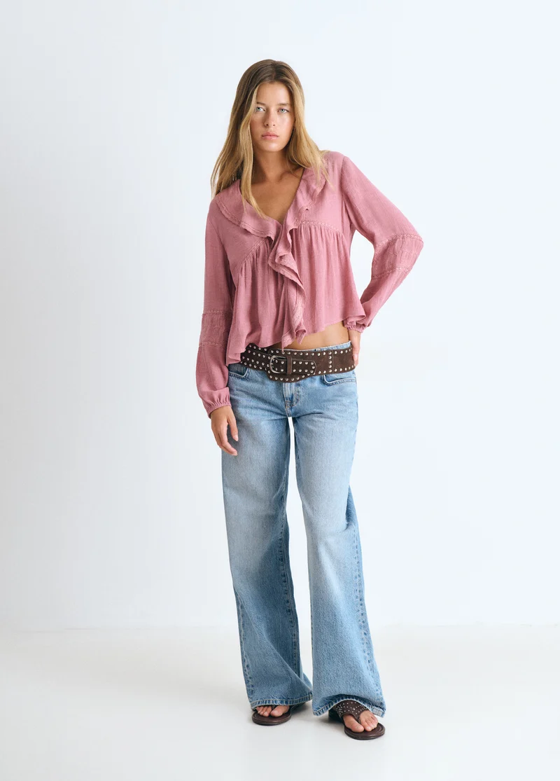 Embroidered Sleeve Ruffle Blouse