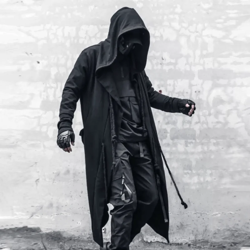 Herren-Techwear-Mantel mit Kapuze und Seildetails