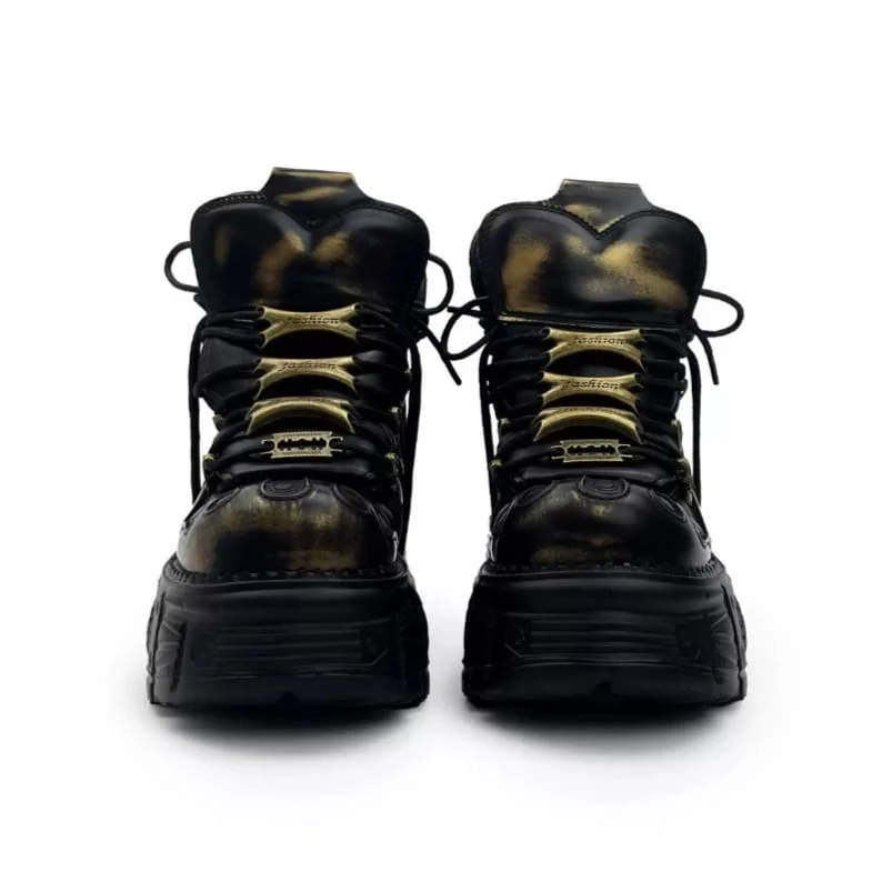 Punk-Schnürschuhe für Damen, zweifarbig, mit runder Zehenpartie, Plateau und dicker Sohle