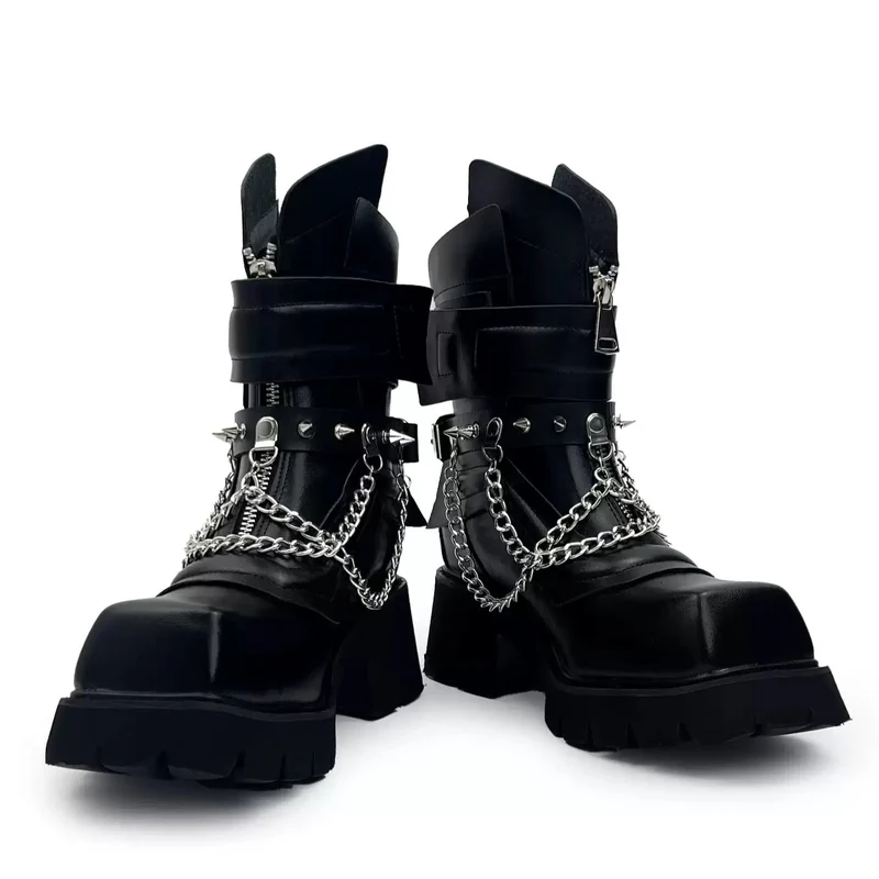 Punk-Stiefel für Herren mit Nieten, Kettenriemen, Schnalle, eckiger Zehenpartie, Plateau und Blockabsatz