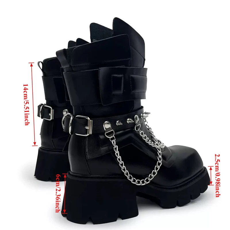 Punk-Stiefel für Herren mit Nieten, Kettenriemen, Schnalle, eckiger Zehenpartie, Plateau und Blockabsatz