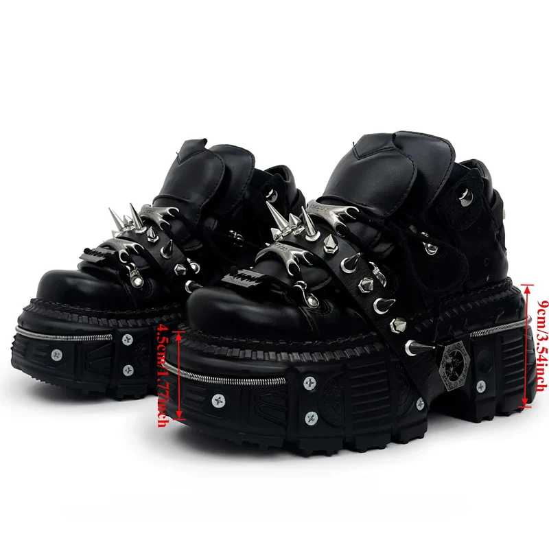 Punk-Schuhe für Damen mit Nietenriemen, runder Zehenpartie und dicker Sohle