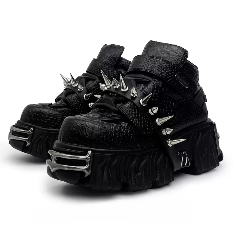 Punk-Schuhe für Damen mit Nietenriemen, Alligatorprint und klobiger Sohle