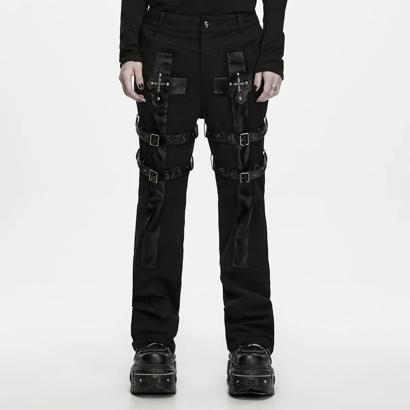 Punk-Hose für Herren mit Schnallenriemen und Patchwork-Muster