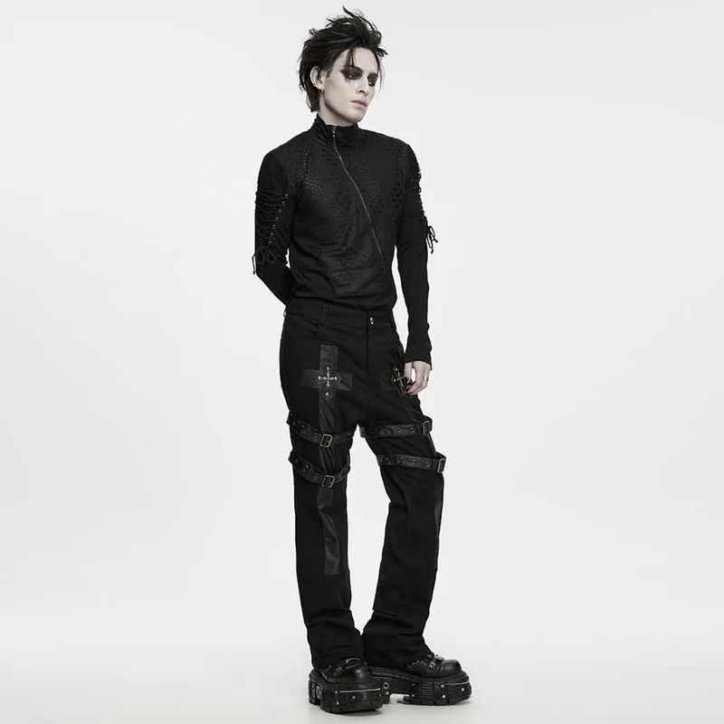 Punk-Hose für Herren mit Schnallenriemen und Patchwork-Muster