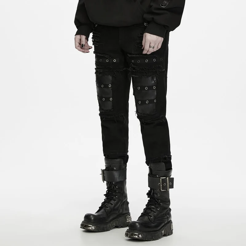 Punk-Herrenhose mit ausgefransten Kanten und Lochstickerei