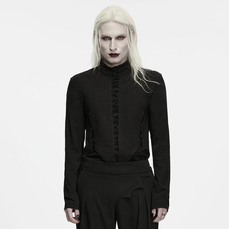 Gothic Herren-Langarmshirt mit Stehkragen, Reißverschluss hinten und langen Ärmeln
