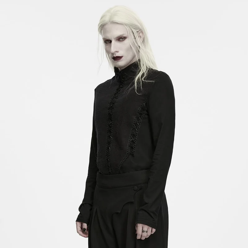 Gothic Herren-Langarmshirt mit Stehkragen, Reißverschluss hinten und langen Ärmeln
