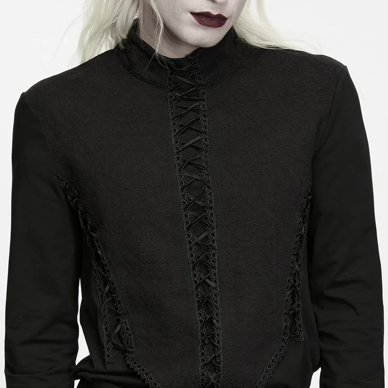 Gothic Herren-Langarmshirt mit Stehkragen, Reißverschluss hinten und langen Ärmeln