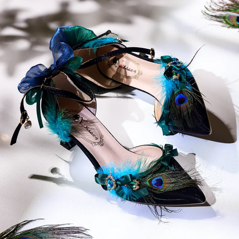 Gothic-Stilettos mit Feder und Schleife für Damen, Knöchelriemen
