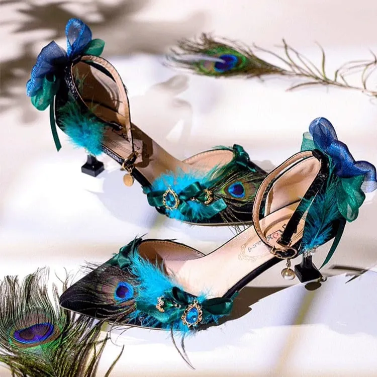 Gothic-Stilettos mit Feder und Schleife für Damen, Knöchelriemen