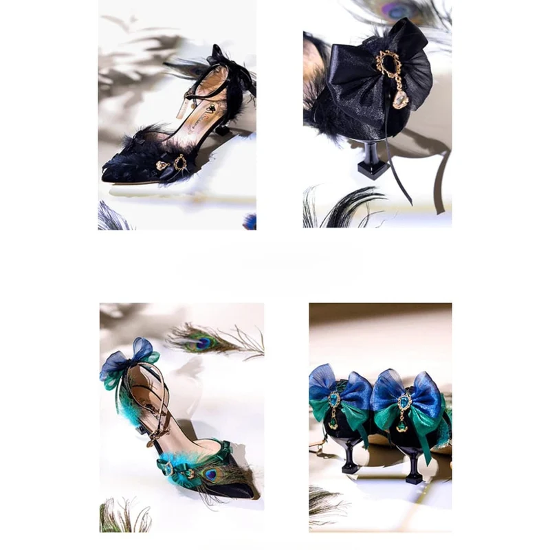 Gothic-Stilettos mit Feder und Schleife für Damen, Knöchelriemen