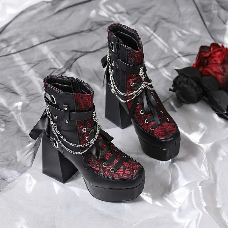 Gothic-Schnürstiefeletten für Damen mit Kettenreißverschluss und Plateau
