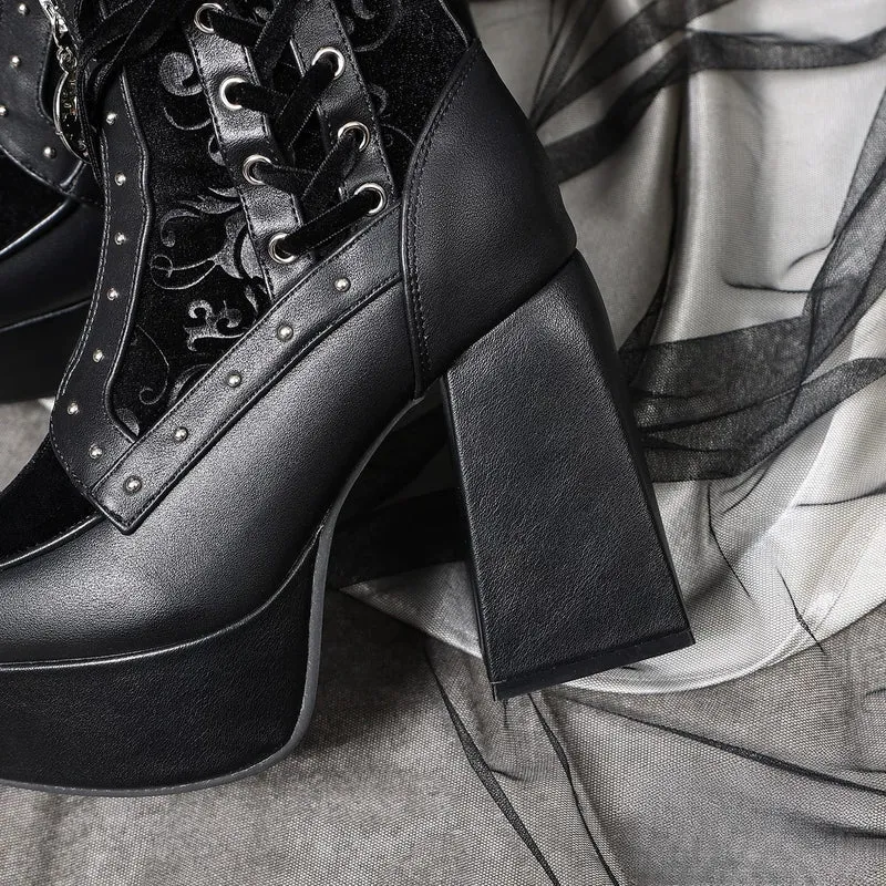 Gothic-Ankle-Boots für Damen mit Nieten, Schnürung, Reißverschluss und Plateau