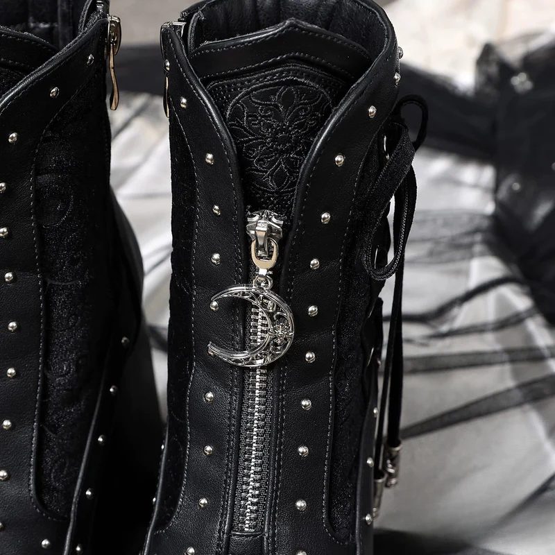 Gothic-Ankle-Boots für Damen mit Nieten, Schnürung, Reißverschluss und Plateau
