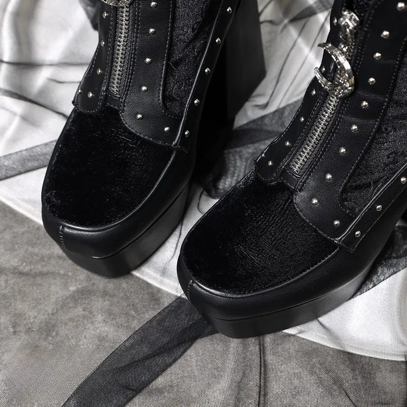 Gothic-Ankle-Boots für Damen mit Nieten, Schnürung, Reißverschluss und Plateau