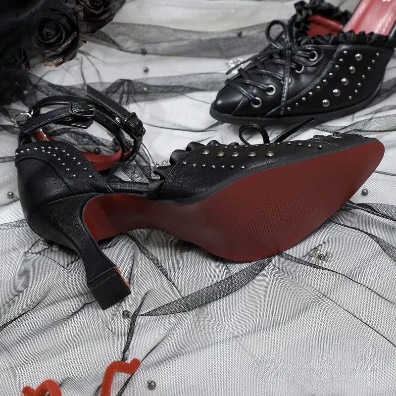Gothic-Stilettos für Damen mit Nieten, Rüschen, Schnürung und Knöchelriemen