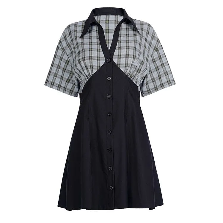 Damen-Grunge-V-Ausschnitt, grün kariertes Splice-Kurzarmkleid