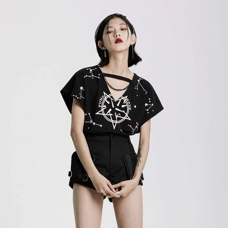Damen Grunge Moon Bedrucktes T-Shirt mit lockerem Kurzarm und V-Ausschnitt
