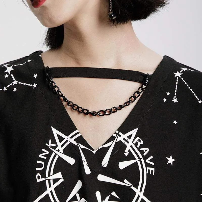 Damen Grunge Moon Bedrucktes T-Shirt mit lockerem Kurzarm und V-Ausschnitt