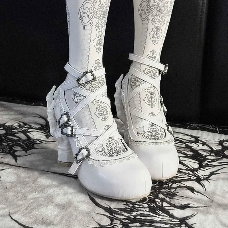 Gothic-Schuhe für Damen mit gekreuzten Schnallenriemen und Skeletthand-Absatz