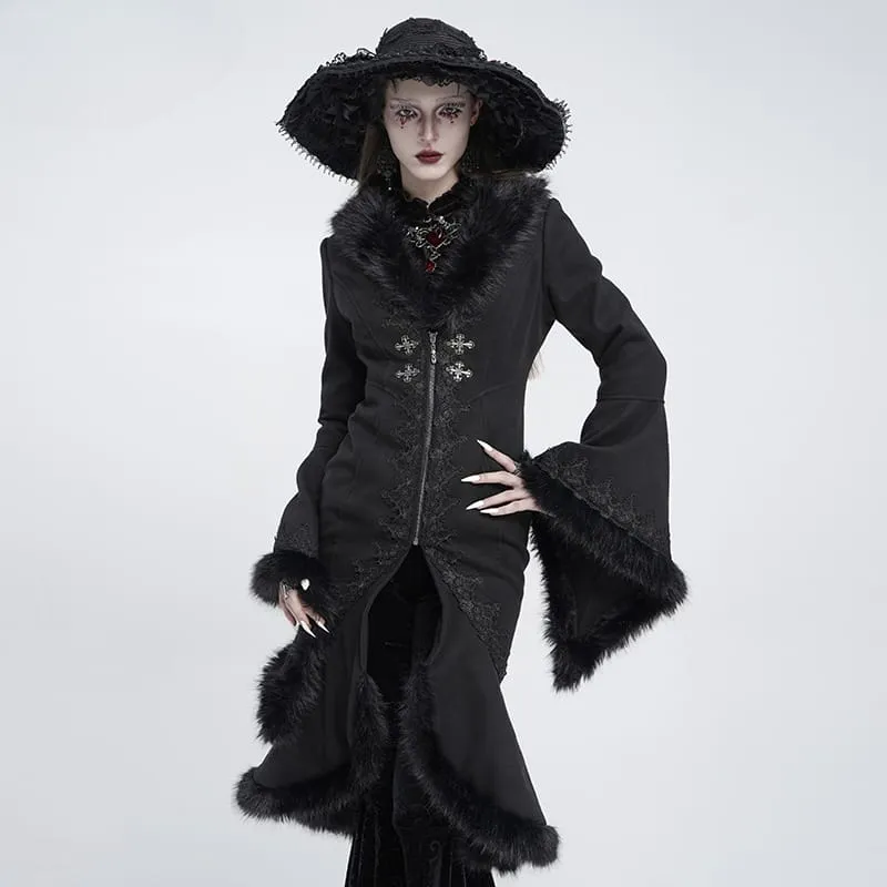Gothic-Mantel für Damen mit Spitzenapplikationen, Kunstpelzbesatz und Frontreißverschluss
