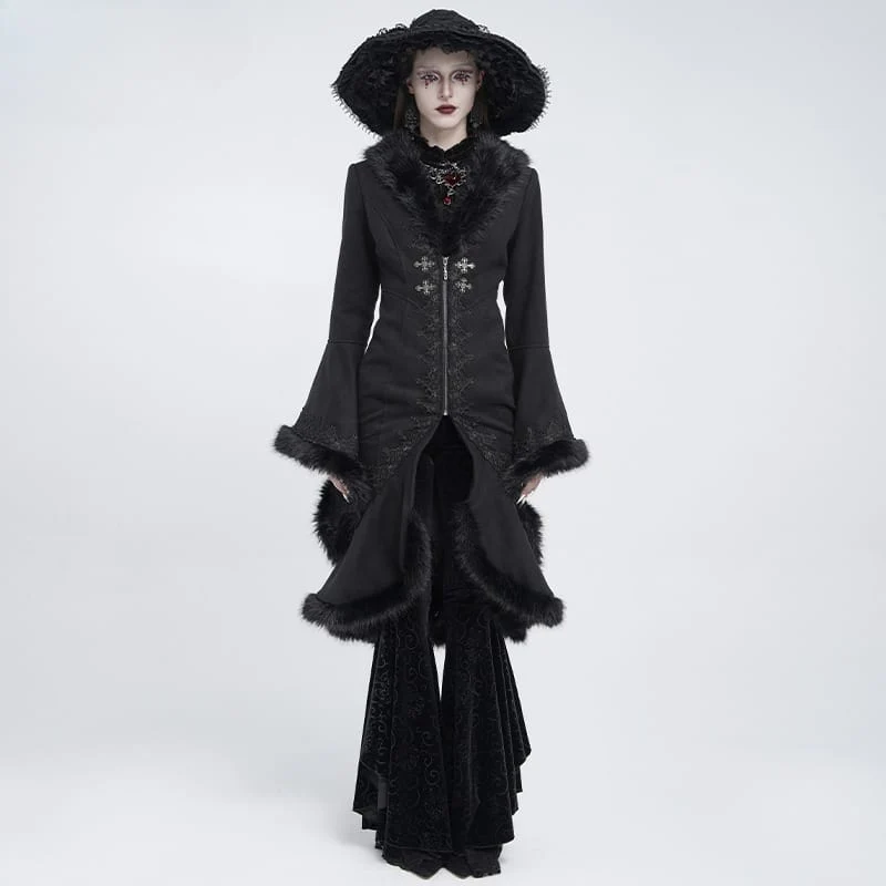 Gothic-Mantel für Damen mit Spitzenapplikationen, Kunstpelzbesatz und Frontreißverschluss