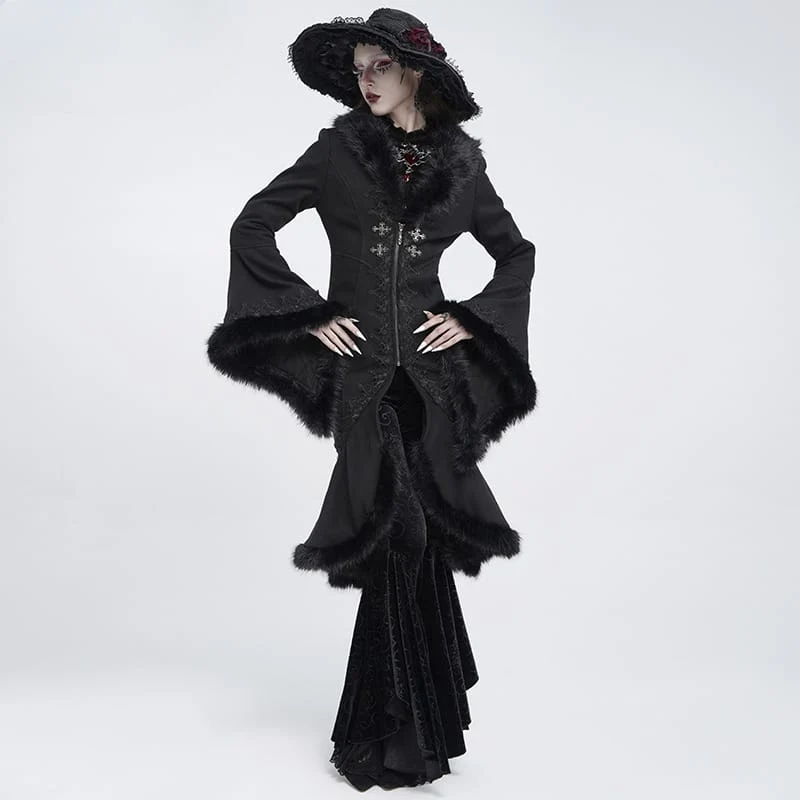 Gothic-Mantel für Damen mit Spitzenapplikationen, Kunstpelzbesatz und Frontreißverschluss