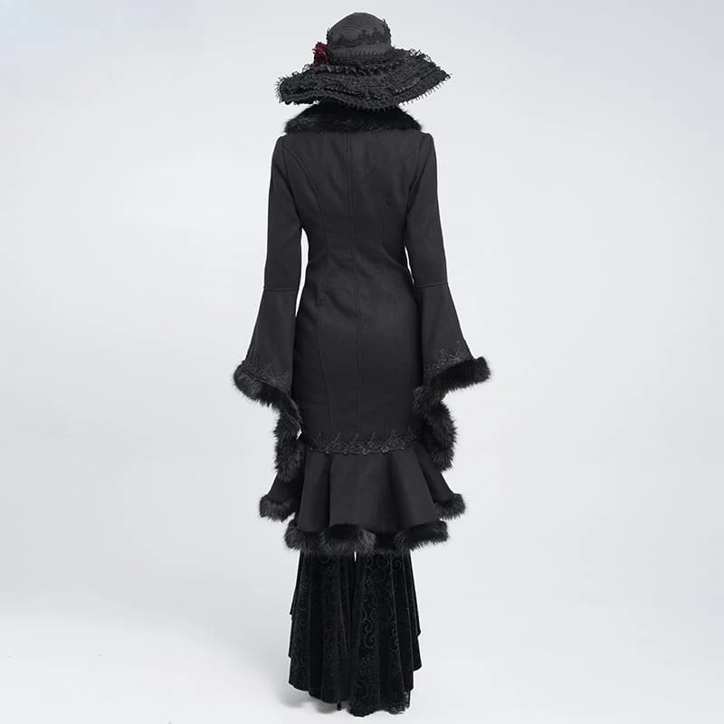 Gothic-Mantel für Damen mit Spitzenapplikationen, Kunstpelzbesatz und Frontreißverschluss