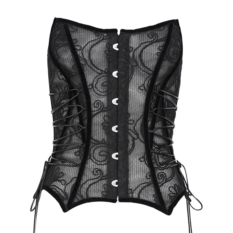 Gothic-Korsett für Damen mit Mesh-Einsatz vorne, Busk-Verschluss und überkreuzter Schnürung über der Brust