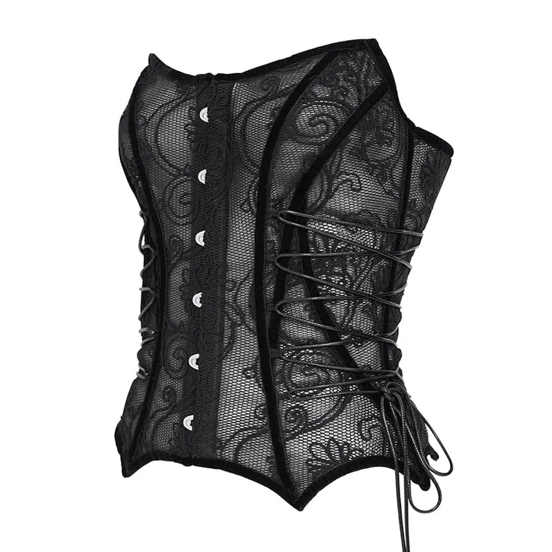 Gothic-Korsett für Damen mit Mesh-Einsatz vorne, Busk-Verschluss und überkreuzter Schnürung über der Brust