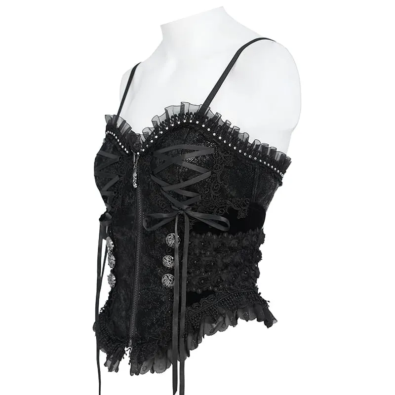 Gothic-Korsett für Damen mit Rüschen, Schnürung, Reißverschluss vorne und Überbrustbereich