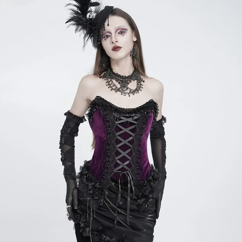 Gothic-Korsett für Damen mit Rosenmuster, Perlen, Quasten, Spitzenbesatz und Schnürung, schwarz-lila