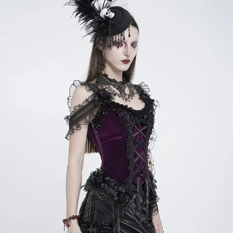 Gothic-Korsett für Damen mit Rosenmuster, Perlen, Quasten, Spitzenbesatz und Schnürung, schwarz-lila