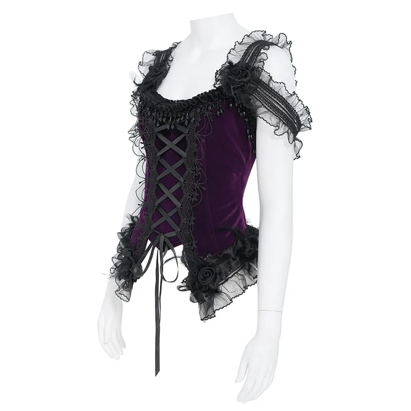 Gothic-Korsett für Damen mit Rosenmuster, Perlen, Quasten, Spitzenbesatz und Schnürung, schwarz-lila