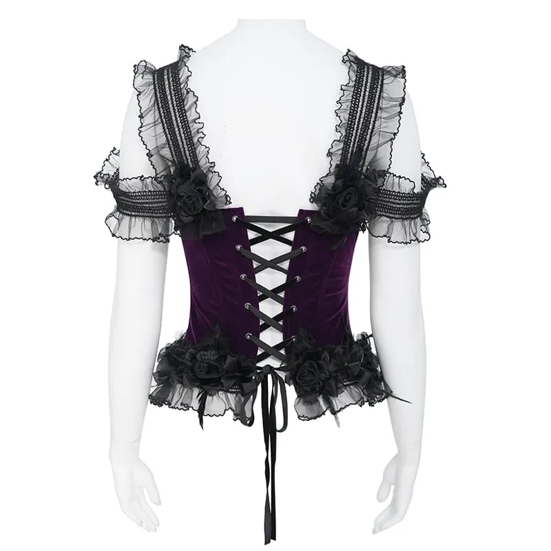 Gothic-Korsett für Damen mit Rosenmuster, Perlen, Quasten, Spitzenbesatz und Schnürung, schwarz-lila