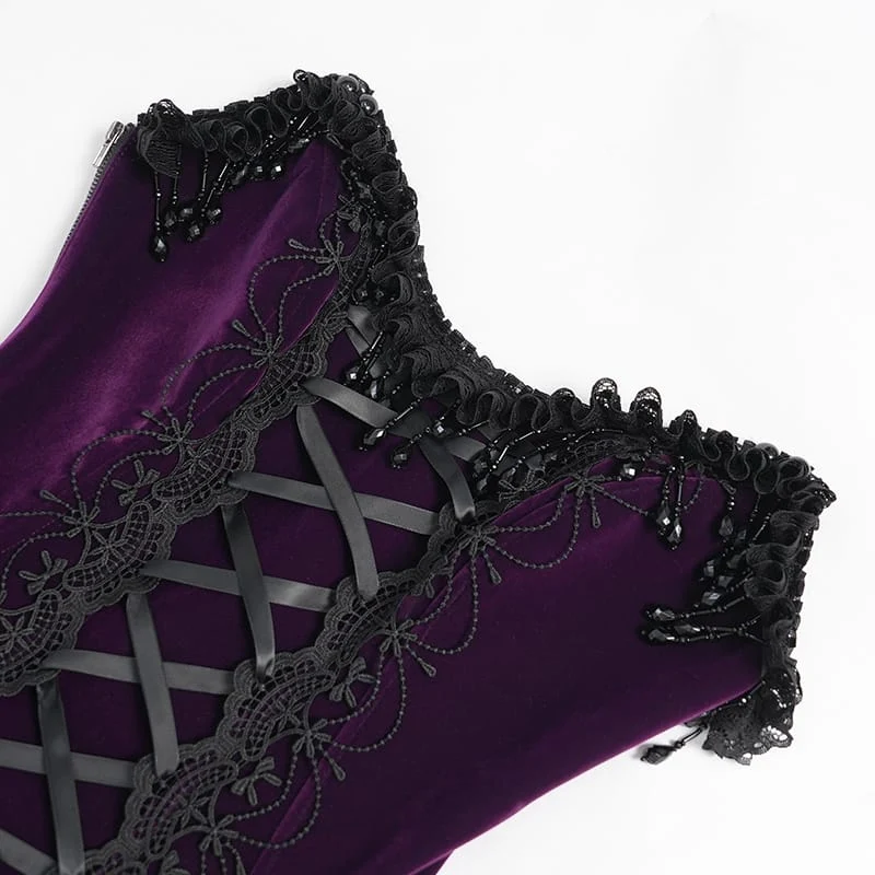 Gothic-Korsett für Damen mit Rosenmuster, Perlen, Quasten, Spitzenbesatz und Schnürung, schwarz-lila