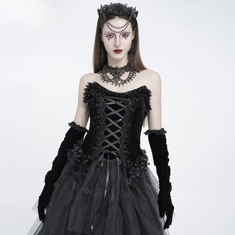 Schwarzes Gothic-Korsett für Damen mit Rosenmuster, Perlen, Quasten, Spitzenbesatz und Schnürung über der Brust