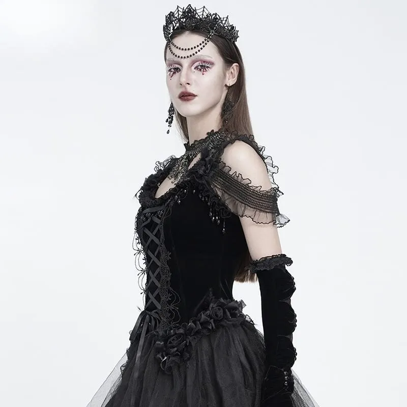 Schwarzes Gothic-Korsett für Damen mit Rosenmuster, Perlen, Quasten, Spitzenbesatz und Schnürung über der Brust