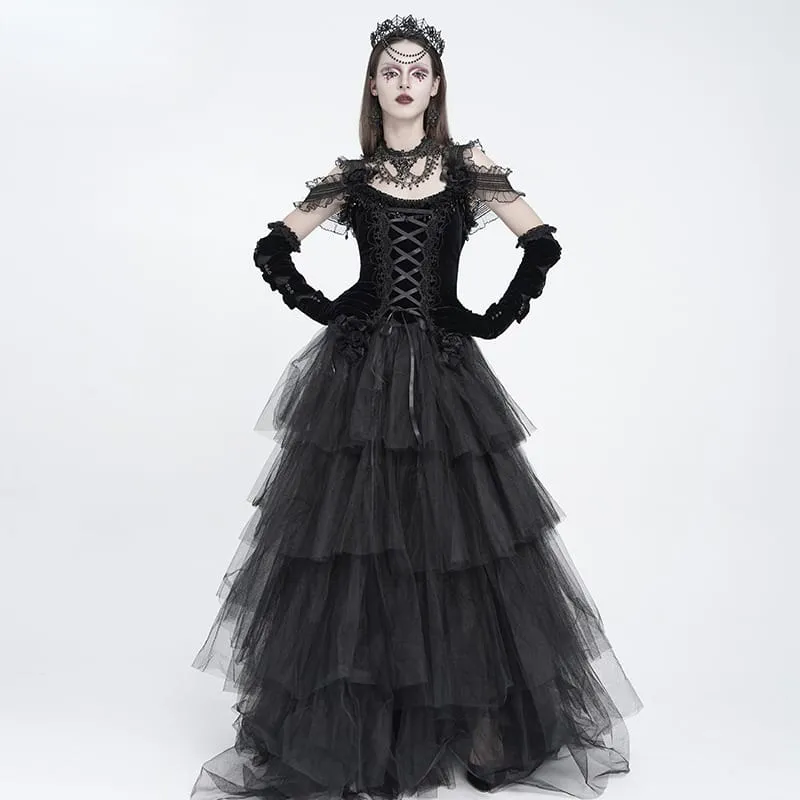 Schwarzes Gothic-Korsett für Damen mit Rosenmuster, Perlen, Quasten, Spitzenbesatz und Schnürung über der Brust