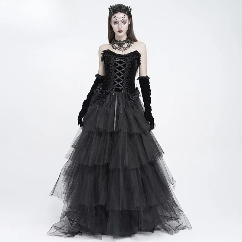Schwarzes Gothic-Korsett für Damen mit Rosenmuster, Perlen, Quasten, Spitzenbesatz und Schnürung über der Brust