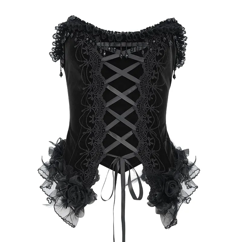 Schwarzes Gothic-Korsett für Damen mit Rosenmuster, Perlen, Quasten, Spitzenbesatz und Schnürung über der Brust