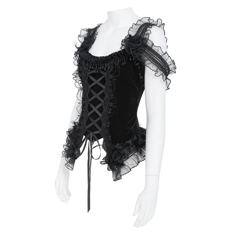 Schwarzes Gothic-Korsett für Damen mit Rosenmuster, Perlen, Quasten, Spitzenbesatz und Schnürung über der Brust