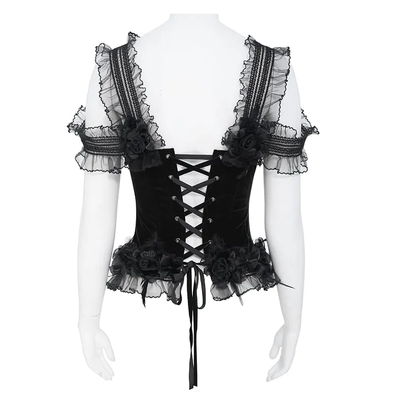Schwarzes Gothic-Korsett für Damen mit Rosenmuster, Perlen, Quasten, Spitzenbesatz und Schnürung über der Brust