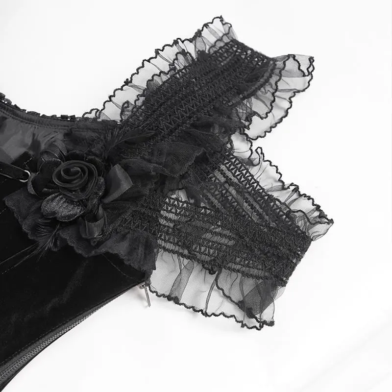 Schwarzes Gothic-Korsett für Damen mit Rosenmuster, Perlen, Quasten, Spitzenbesatz und Schnürung über der Brust