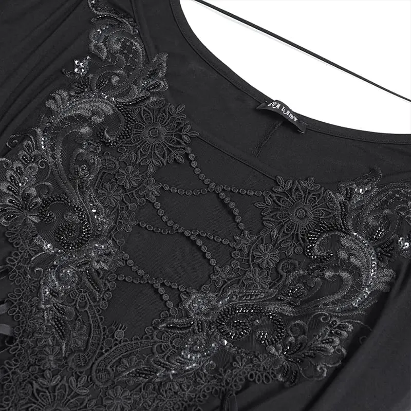 Gothic-Maxikleid für Damen mit Spitzenapplikationen, Schnürung, Drapierung und langen Ärmeln