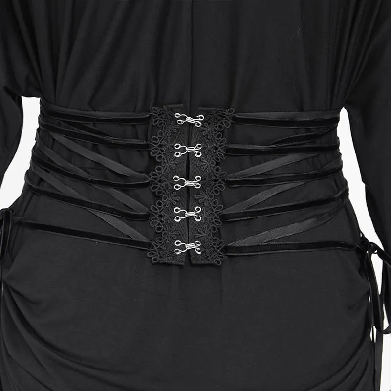 Gothic-Maxikleid für Damen mit Spitzenapplikationen, Schnürung, Drapierung und langen Ärmeln