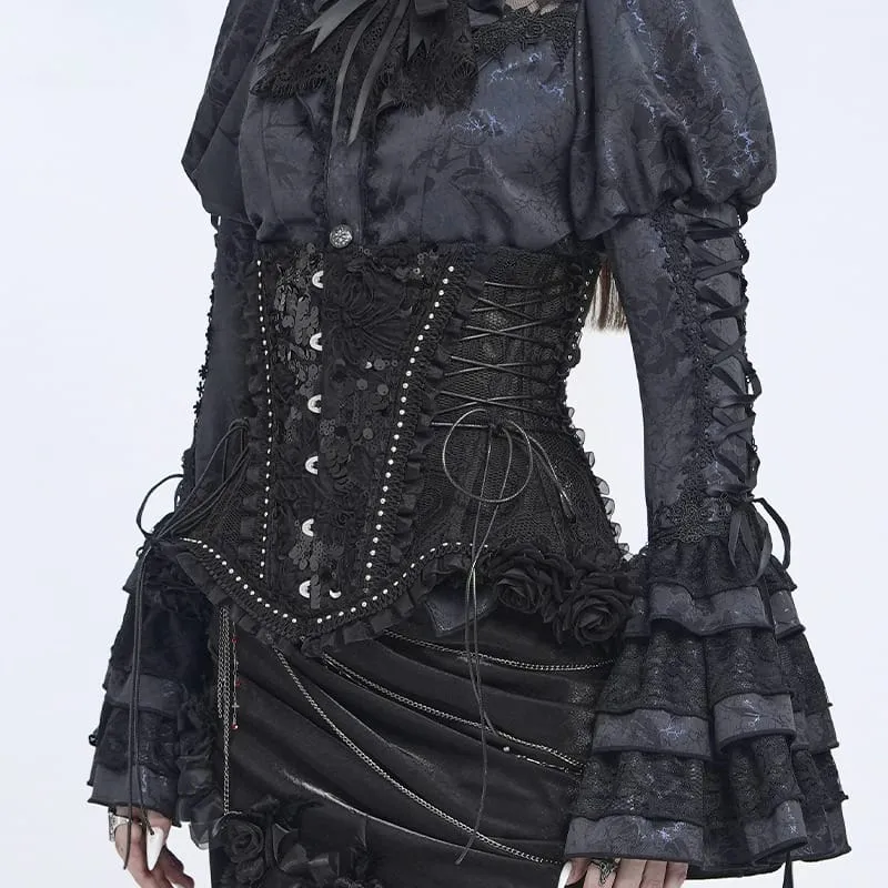 Gothic-Korsett für Damen mit Rosenrüschen vorne, Schnürung und Unterbrustverschluss