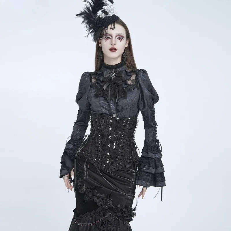 Gothic-Korsett für Damen mit Rosenrüschen vorne, Schnürung und Unterbrustverschluss