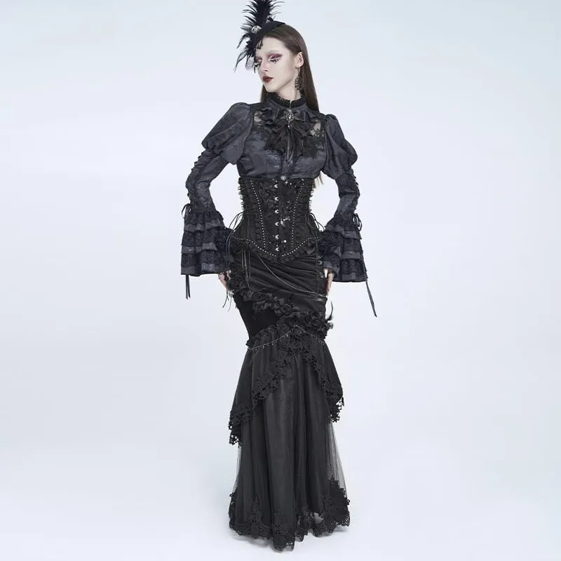 Gothic-Korsett für Damen mit Rosenrüschen vorne, Schnürung und Unterbrustverschluss